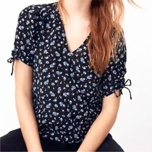 Madewell Silk Floral Black Blue Print Cinch Sleeve Top XS